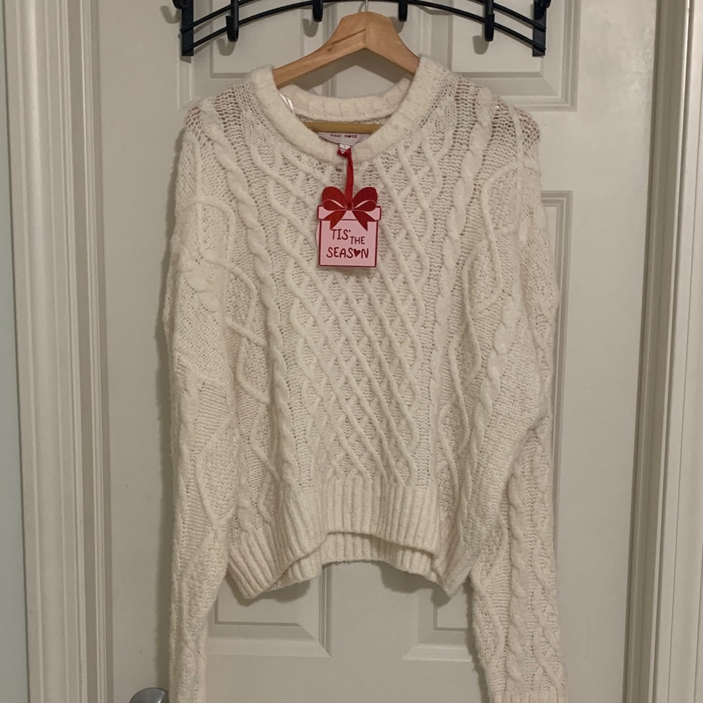 Pink Rose Cream Cable Knit Sweater